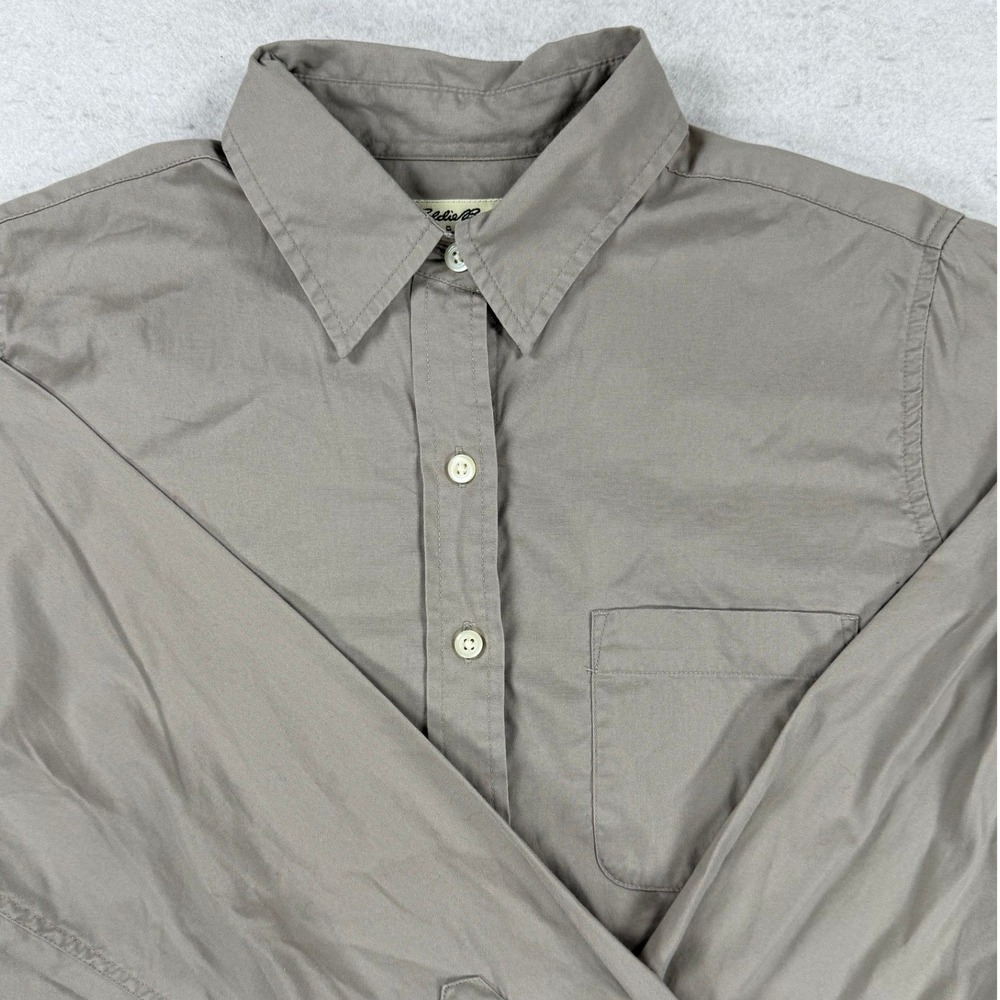Eddie Bauer Womens Petite M Brown Cotton Long‎ Sleeve Button Down Shirt Pocket